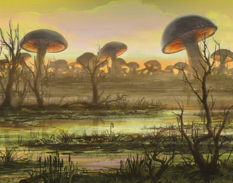 swamp by Natalia Sychovaswamp with large mushrooms Swamp Mushrooms, Clan Ideas, Backgrounds Reference, Fantasy Cityscape, Dnd Places, Dnd Locations, Flying Monsters, Card Artwork, Giant Mushroom