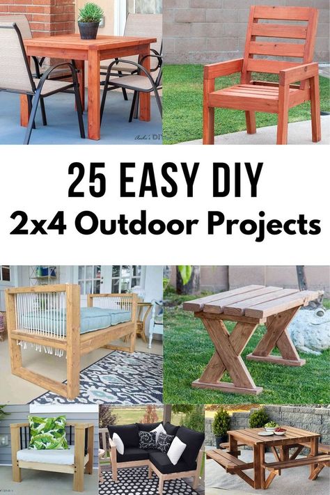 collage of outdoor projects using 2x4s Outdoor Wood Table, Build Outdoor Furniture, Diy Exterior, Outdoor Wood Projects, Outdoor Wood Furniture, Diy Outdoor Furniture Plans, Wood Patio Furniture, Outdoor Furniture Plans, Outdoor Diy Projects