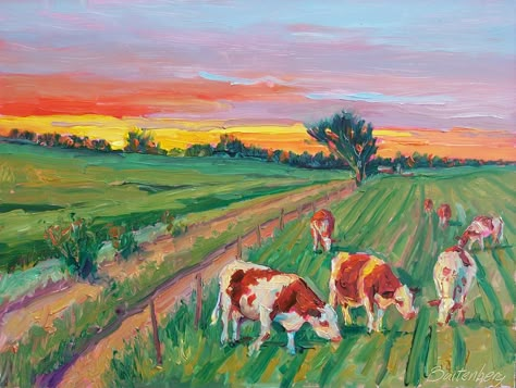 Landscape With Animals Painting, Impressionist Paintings Animals, Farm Land Painting, Cow Landscape Painting, Farm Oil Painting, Landscape Paintings Horizontal, Farm Acrylic Painting, Farm Landscape Painting, Farm Drawing