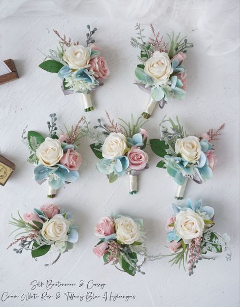 Dusty Blue And Pink Wedding Theme, Wedding Boutineers, Blue Bridal Shower Decorations, Diy Boutonniere Wedding, Boutineer Wedding, Diy Boutonniere, Pastel Wedding Flowers, Blue Bridal Shower, Pink Wedding Theme