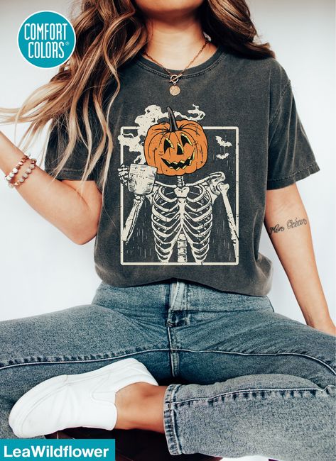 Comfort Colors Halloween Shirt, pumpkin shirt, Retro Halloween Shirt, Retro Fall Shirt, Coffee Skeleton Tshirt, spooky gift for her, Vintage Printed on Comfort Colors® tshirts for that amazing vintage look and feel. ★Shipping Shipping Time Varies by location Our turn around time is 1 to 3 business days. ★Sizing and Coloring please look at our size and color chart in the images These Shirts are unisex sizing. For a relaxed look: order your normal size for an oversized look: size up 1-3 sizes (2 s Black Cat On Pumpkin, Cat On Pumpkin, Vintage Black Cat, Chat Halloween, Babe Shirt, Halloween Black Cat, Ghost Shirt, Orange Shirt, Pumpkin Shirt