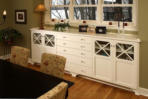 Buffet Under Window, Sideboard Under Window, Buffet Table Dining Room, Buffet Built In, Khaki Walls, Dining Room Window, Dining Room Built In, Built In Buffet, Unique House Plans