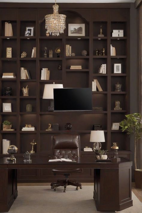 home office decor, elegant workspace, dark brown color scheme, interior design trends Dark Brown Office, Colors For Home Office, Elegant Workspace, Whole House Color Palette, House Color Palette, Home Office Dark, Office Dark, Dark Brown Walls, Colors For Home