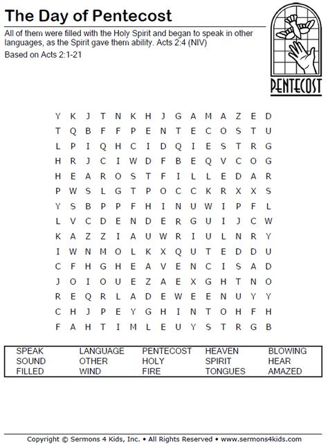 The Day of Pentecost - Word Search - sermons4kids.com Day Of Pentecost Craft For Kids, Pentecost Sunday School, Pentecost Craft, Kids Church Activities, Pentecost Sunday, Sunday School Curriculum, Kids Sunday School Lessons, Childrens Sermons, Children's Church Crafts