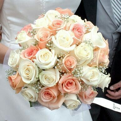 Bride's Round Bouquet Featuring: White & Peach Roses + White Gypsophila Flowers Roses Bouquet, White Rose Wedding Bouquet, Wedding Flowers Roses, White Rose Bouquet, Rose Wedding Bouquet, Roses White, White Wedding Bouquets, Trendy Flowers, Peach Wedding