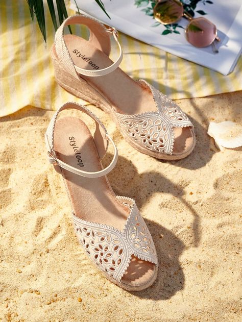 Beige Vacation Collar     Embellished   Women Shoes Summer Wedge Sandals, Estilo Cottage, Sandals For Beach, Summer Sandals Wedge, Vacation Shoes, Summer Wedges, Estilo Boho Chic, Vintage Cottagecore, Fashion Boho