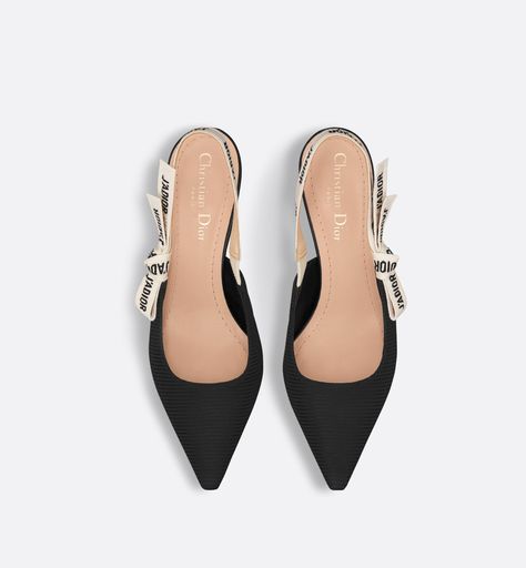 The J'Adior slingback pump is a prime example of Dior's savoir-faire. Crafted in the Christian Dior Italian ateliers, the silhouette is distinguished by black technical fabric. The two-tone embroidered 'J'ADIOR' ribbon is embellished with a flat bow and the 6.5 cm comma heel offers the final elegant touch.. 41.5 Dior Kitten Heels, Dior Slingback, Dior Atelier, Ribbon Flats, Dior Star, Icon Shoes, Dior Book Tote, Designer Flats, Short Denim