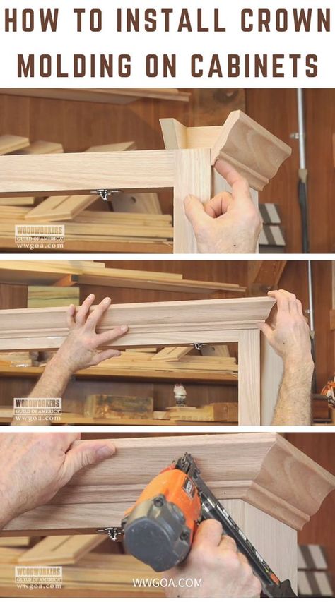 Built Up Crown Molding, Wooden Moulding Design, Install Crown Molding, Build Cabinets, Woodworking Tricks, Restauration Hardware, Crown Molding Installation, Building Cabinets, Carpentry Projects