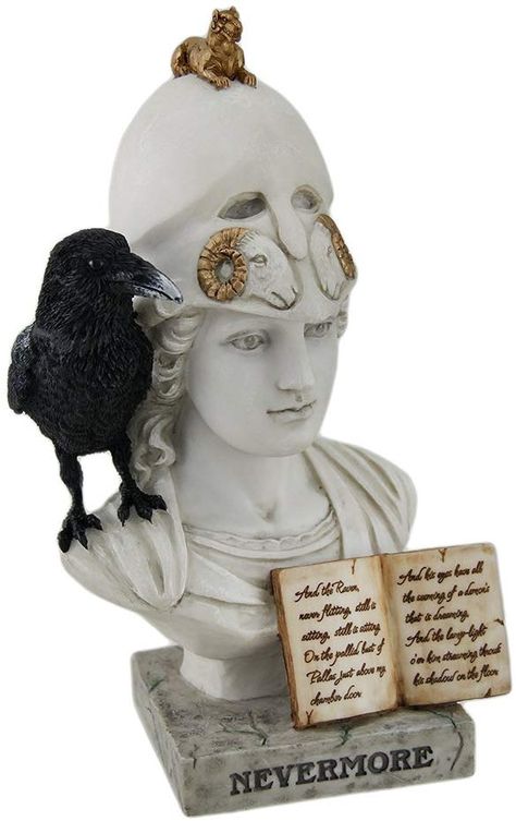 The Raven BY EDGAR ALLAN POE - And the Raven, never flitting, still is sitting, still is sitting On the pallid bust of Pallas just above my chamber door; And his eyes have all the seeming of a demon’s that is dreaming, And the lamp-light o’er him streaming throws his shadow on the floor; And my soul from out that shadow that lies floating on the floor Shall be lifted—nevermore! Bust Of Pallas, Athena Bust, Pallas Athena, Nevermore Raven, The Raven Nevermore, Raven Nevermore, Statue Tattoo, Roman Statue, Bust Statue