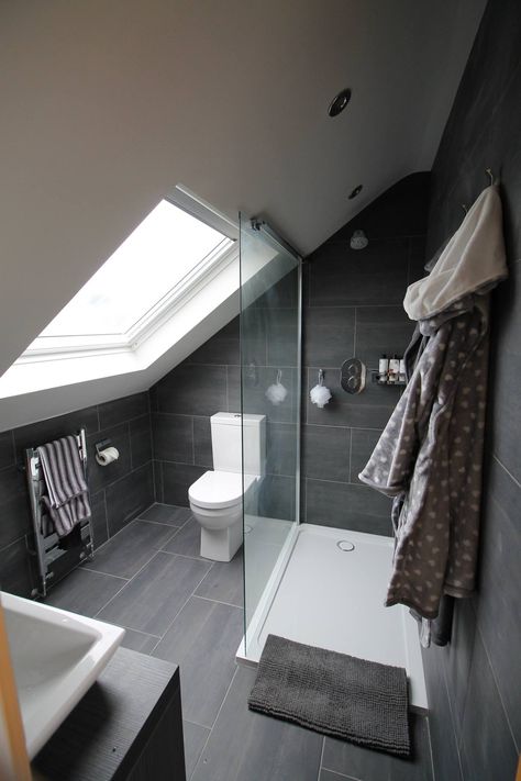 Bathrooms In Loft Conversions, Bathroom With Angled Ceiling, Loft Bathroom Ideas Sloped Ceiling, Bathroom In Attic, Attic Bathroom Ideas Slanted Ceiling, Tiny Attic Bathroom, Loft Bathroom Ideas, Sloped Ceiling Bathroom, Loft Ensuite