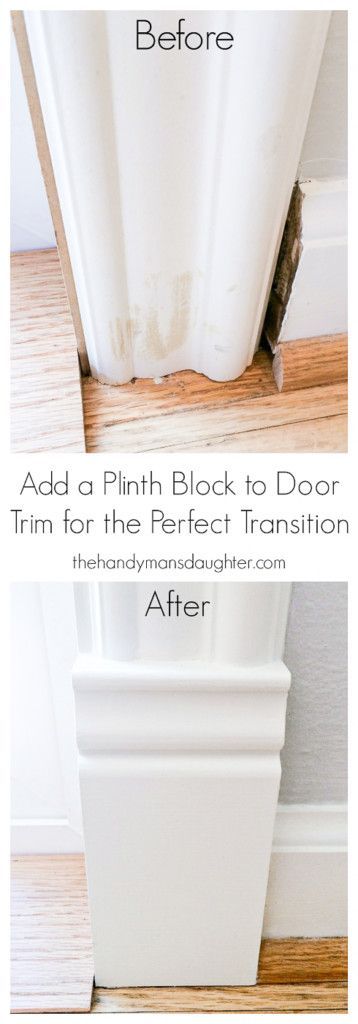 Fix awkward transitions between baseboards and door trim with a plinth block! | Door moulding | Door Trim | Architectural Details Easy Home Improvement Projects, Plinth Blocks, Easy Home Improvement, Interior Bathroom, Door Molding, Period Property, Home Decor Hacks, Door Trim, Bathroom Doors