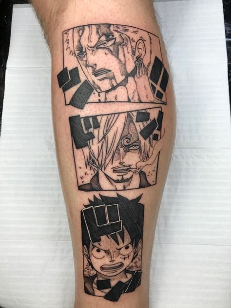 One piece tattoo. One Piece Shoulder Tattoo, Tato One Piece, One Piece Sleeve Tattoo, One Piece Tattoo Ideas Design, Anime Leg Tattoo, Zoro Tattoo Ideas, Zoro One Piece Tattoo, One Piece Tattoo Design, Luffy Tattoo Ideas