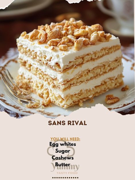 🌟 Delight in Sans Rival—a rich, nutty, and buttery dessert that’s a showstopper for any occasion. Try it today! 🌰🍰 #SansRival #PhilippineDesserts Sans Rival Ingredients: Egg whites (6) Sugar (1 cup) Cashews (1 cup, chopped) Butter (1 cup, softened) Vanilla extract (1 tsp) Cream (1 cup) Instructions: Preheat oven to 300°F (150°C). Beat egg whites until stiff peaks form. Gradually add sugar, then fold in cashews. Spread mixture on baking sheets and bake for 1 hour. Cool completely. Beat but... Sans Rival Cake Recipe, Sans Rival Cake, Sans Rival, Cozy Fall Recipes, Filipino Dishes, Festive Drinks, Filipino Recipes, Easy Cake Recipes, Cream Recipes