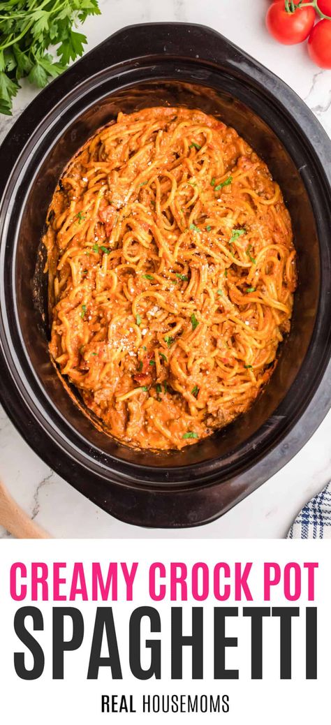 Your favorite spaghetti just got easier with this set-and-forget recipe! Crock Pot Spaghetti has a creamy twist that'll make the family flip! #Realhousemoms #crockpot #spaghetti #slowcooker #creamy #easyrecipe #comfortfood #kidapproved Football Food Crockpot, Potluck Recipes Crockpot, Creamy Chicken Spaghetti Recipe, Crock Pot Spaghetti, Ground Beef Crockpot Recipes, Spagetti Recipe, Crockpot Spaghetti, Slow Cooker Pasta Recipes, Crockpot Pasta Recipes