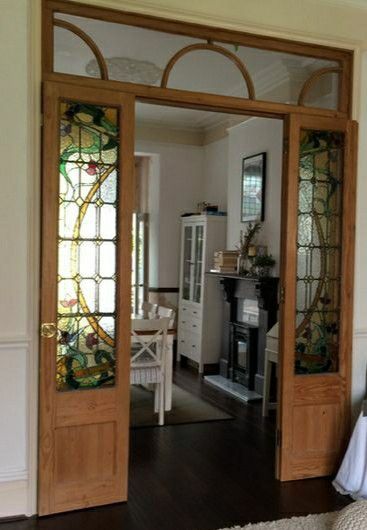 1895 Edwardian House | Conroy, Wales | via "creativelocation.co.uk" Victorian Room Divider Doors, Stained Glass Partition Wall, Edwardian Windows, Victorian Room Divider, Living Room Doorway, Split Door, Wood Partition, Victorian Windows, Wall Partition Design