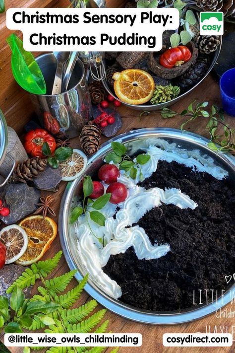 Christmas sensory play set up with muddy Christmas pudding and loose parts. Christmas Theme Tuff Tray, Christmas Water Tray Ideas Eyfs, Christmas Activities Early Years, Christmas Messy Play Ideas, Christmas Tuff Trays, Christmas Messy Play, Christmas Tuff Tray Ideas, Water Tray Ideas Eyfs, Christmas Sensory Play