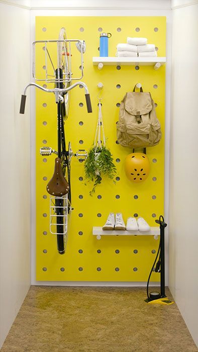 DIY Pegboard Bike Storage. Diy Large Pegboard Wall, Peg Board Bike Storage, Pegboard Coat Rack, Large Pegboard Wall, Peg Board Entryway Ideas, Entry Room Office, Colorful Pegboard, Wall Bike Storage, Plywood Pegboard