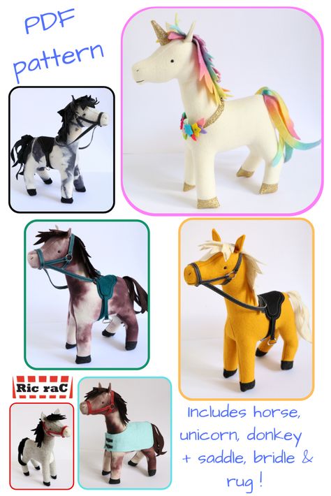 PDF sewing pattern for unicorn, horse, and donkey as well as saddle bridle and rug. Unicorn Sewing Pattern, Horse Sewing Pattern, Unicorn Sewing, Newborn Pattern, Kid Diy, Felt Sewing, Trendy Toys, Handmade Plushies, Diy Socks