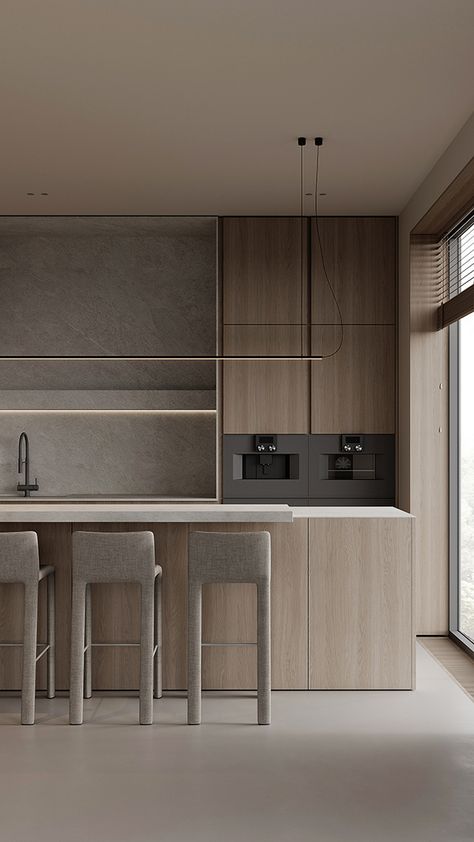 Zen Furniture, Greige Kitchen, Modern Wood Kitchen, Ideas Cocina, Industrial Kitchen Design, Beige Minimalist, Kitchen Counter Decor, Kitchen Installation, Modern Houses Interior