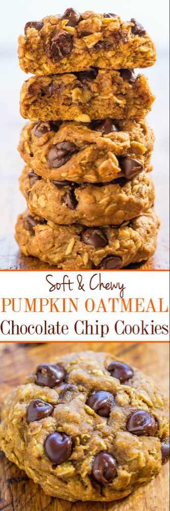 Pumpkin Oatmeal Chocolate Chip, Pumpkin Oatmeal Chocolate Chip Cookies, Pumpkin Oatmeal Cookies, Pumpkin Cookie Recipe, Averie Cooks, Pumpkin Spice Recipe, Pumpkin Cookie, Oatmeal Chocolate Chip, Pumpkin Oatmeal