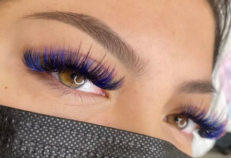 Eyelashes Extensions Color, Neon Eyelash Extensions, Lashes With Purple Ends, Black And Blue Lash Extensions, Eyelash Extension Color Ideas, Eyelash Extensions With Purple, Eye Lash Extensions Styles Color, Mermaid Lash Extensions, Festival Lash Extensions