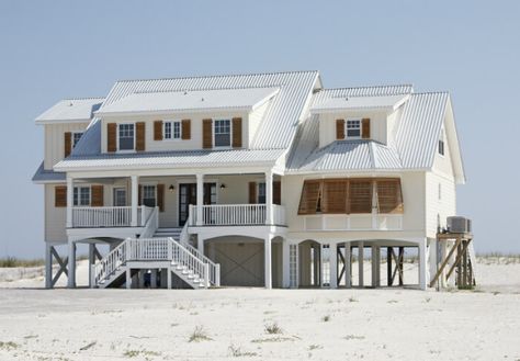 Beach House On Pilings, Natural Wood Shutters, House On Pilings, Small Beach House Plans, Beach Cottage House Plans, Stilt House Plans, Beach Floor Plans, Elevated House Plans, Stilt Home