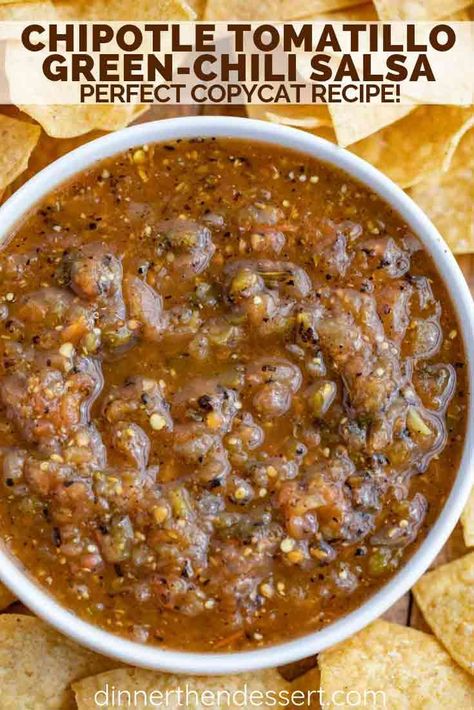 Chili's Salsa Recipe, Chipotle Salsa Recipe, Mexican Salsa Recipe, Green Chili Salsa, Chipotle Copycat Recipes, Chipotle Recipes, Mexican Salsa Recipes, Chipotle Mexican Grill, Dinner Then Dessert