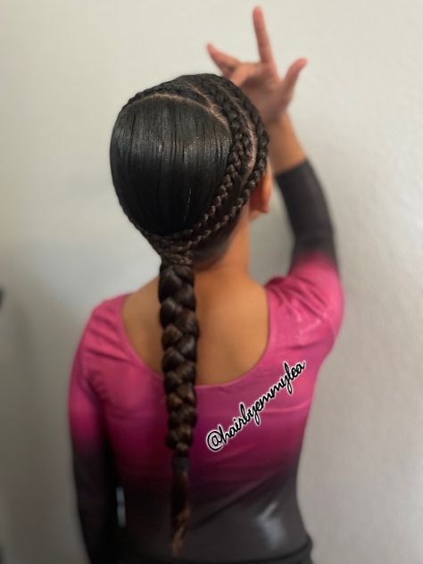 Hair by Emmy-Lea~ Gymnastics Hair Black Gymnast Hairstyles, Competition Gymnastics Hair, Gymnastics Braids, Gymnastics Competition Hairstyles, Gymnastics Hair For Practice, Gymnastics Hair For Meets, Cute Gymnastics Hairstyles, Gymnastic Hairstyles For Kids, Girls Gymnastics Hair