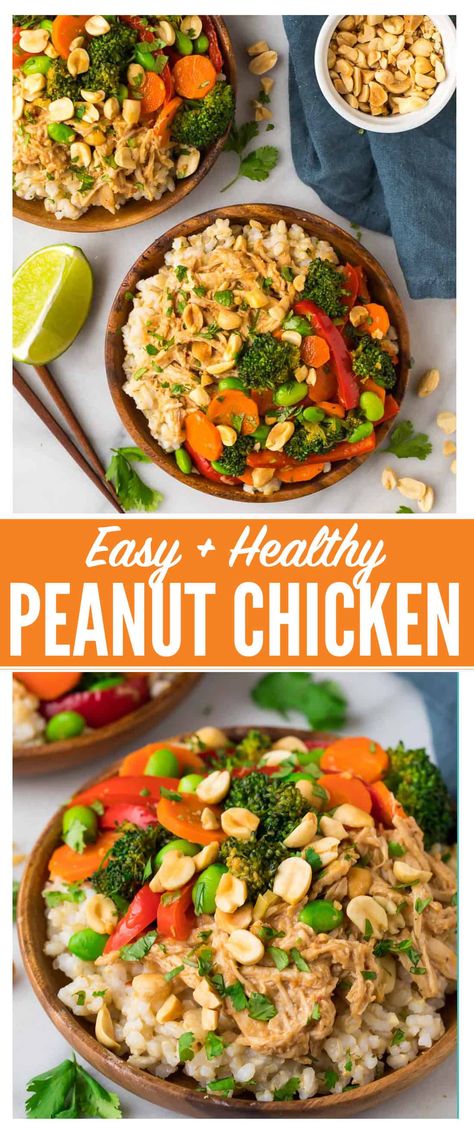 Easy Peanut Chicken Stir Fry with Veggies and Rice. A quick and healthy leftover shredded chicken or rotisserie chicken recipe that comes together in minutes. Not too spicy, you can use any vegetables you have on hand, and the Thai peanut sauce is to die for! #recipe #healthy #peanutchicken Peanut Chicken Stir Fry, Rotisserie Chicken Recipes Healthy, Leftover Shredded Chicken, Easy Peanut Chicken, Veggies And Rice, Rotisserie Chicken Recipe, Leftover Chicken Recipes, Peanut Chicken, Butter Chicken Recipe