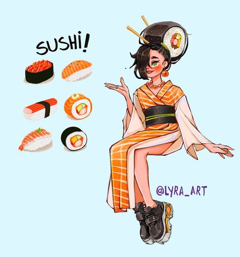 Sushi Cartoon Characters As Humans, Cute Food Drawings, Cute Kawaii Drawings, Dessin Adorable, Food Drawing, Cute Art Styles, Girls Cartoon Art, Kawaii Drawings, Kawaii Art