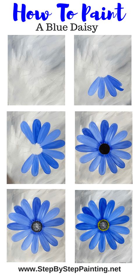 Daisy Painting - Step By Step Painting - Tutorial for Beginners Painting Step By Step, Painting Instructions, Easy Flower Painting, Blue Flower Painting, Seni 2d, Acrylic Painting Flowers, Daisy Painting, Simple Canvas Paintings, Canvas Painting Tutorials