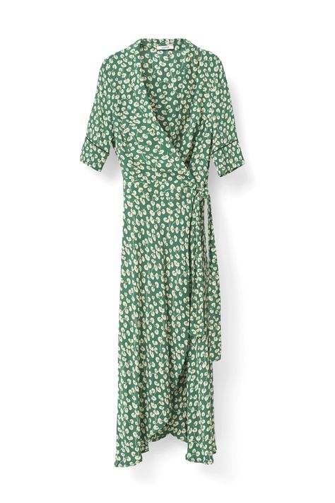 Spring Wrap Dresses, Wrap Dress Summer, Moda Kimono, Kimono Style Dress, Ganni Dress, Verdant Green, Mixed Print Dress, Printed Wrap Dresses, Flutter Sleeve Dress