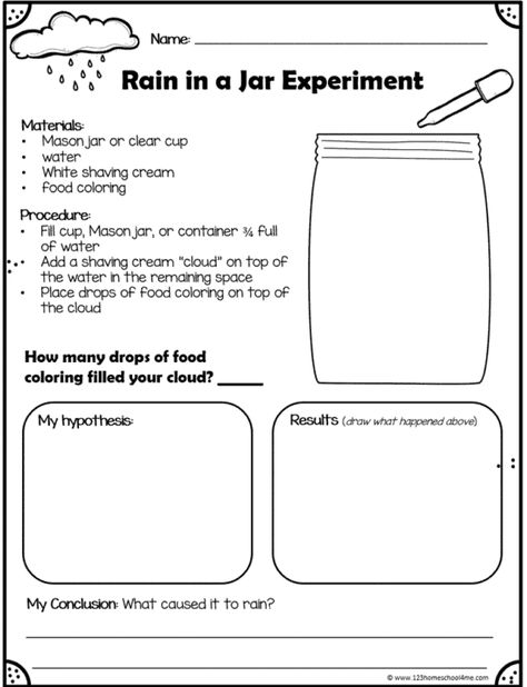 free printable rain cloud in a jar worksheet Cloud In A Jar Experiment, Rain In A Jar, Jar Worksheet, First Grade Weather, Cloud In A Bottle, Clouds For Kids, Weather Experiments, Cloud In A Jar, Cloud Activities