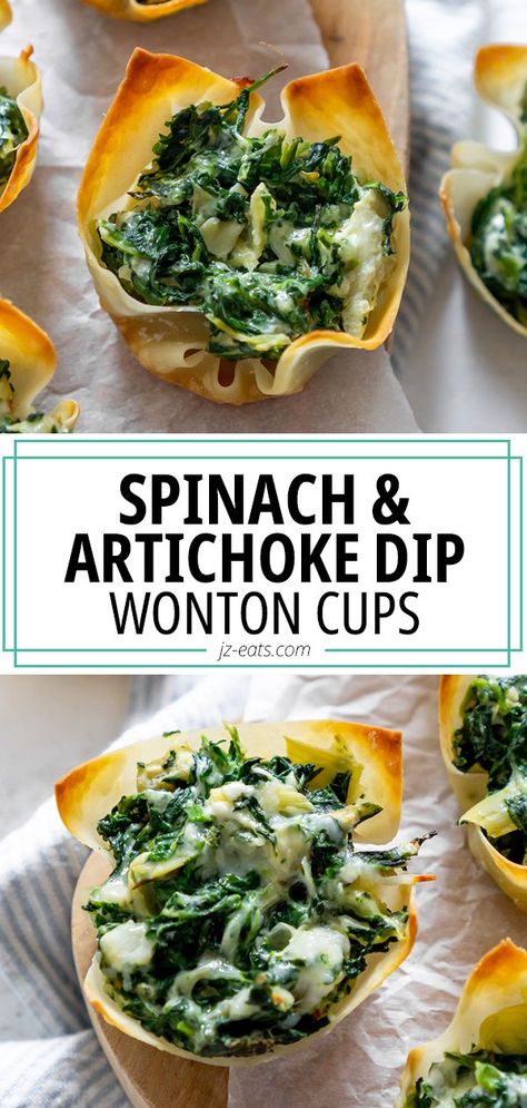 Spinach Artichoke Cups, Spinach Artichoke Bites, Artichoke Bites, Wonton Appetizers, Spinach Artichoke Dip Easy, Wonton Wrapper Recipes, Creamy Spinach Dip, Spinach And Artichoke Dip, Wonton Cups