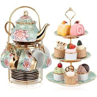 Amazon.com | CHANJOON 20 Piece Gold plated red rose ceramic tea set, vintage tea set with teapot, beautiful tea and coffee service for 6 people 20 pieces: Tea Sets Ceramic Cake Stand, Flower Tea Cup, Tiered Dessert Stand, Cake Stand Ceramic, Tea Party Table, Tea Party Setting, Serving Stand, Teapot Set, Ceramic Tea Set