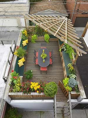 Great roof top garden - love the idea of using some plants as a border around our rooftop patio: Corner Pergola, Patio Pergola, Rooftop Design, Gardening Trends, Rooftop Patio, Have Inspiration, Terrace Design, Pergola Plans, Pergola Patio