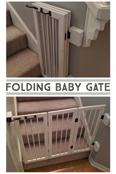 Homemade Baby Gate for the stairs folds flat against the wall in with 3 sections. Dröm Hus Planer, Diy Dog Gate, Concrete Countertops Wood Cabinets, Concrete Countertops White Cabinets, Diy Baby Gate, Concrete Countertops White, Concrete Countertops Outdoor, Countertops Concrete, White Concrete Countertops