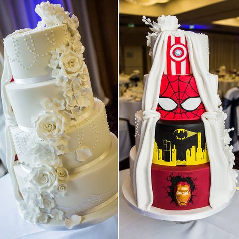 <span class='image-component__caption' itemprop="caption">Credit: <a href="http://www.jdoranphotography.co.uk/">J. Doran Photography</a> </span> Superhero Wedding Cake, Marvel Wedding, Geeky Wedding, Superhero Wedding, Nerdy Wedding, Disney Wedding Cake, Marvel Cake, Maggie Sottero, Beautiful Wedding Cakes