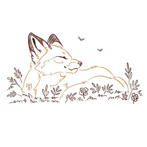 Smiling Fox Drawing, Fox With Flowers Drawing, Fox Bujo Theme, Animal Flower Drawing, Fall Fox Drawing, Flying Fox Drawing, Fox Sketch Simple, Forest Animal Drawings, Whimsical Tattoo Ideas