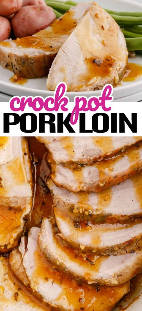 This perfectly moist Crock Pot Pork Loin is seared with a delicious dry rub and slow cooked in the most amazing sauce ever! #RealHousemoms #porkloin #pork #crockpot #slowcooker #brownsugar #honey #sage #garlic #easydinner #christmas Pork Loin Recipes Slow Cooker, Crock Pot Pork Loin, Boneless Pork Loin Recipes, Pork Loin Crock Pot Recipes, Pork Crockpot, Crockpot Pork Loin, Slow Cooker Pork Loin, Crockpot Pork Tenderloin, Crock Pot Pork