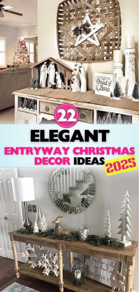 Find inspiration for elegant entryway Christmas decor that’s both refined and festive. These ideas blend beauty and charm for a stylish holiday atmosphere. White Christmas Entryway Decor, Decorating Entryway Table For Christmas, Entry Way Table Christmas Decor Ideas, Christmas Entryway Table Decor Nativity, Entryway Ideas For Christmas, Entrance Christmas Decor Entryway, Black Shiplap Entryway, Christmas Decor For Entryway, Entryway Table Christmas Decor Ideas