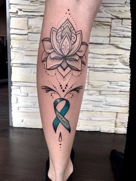 Teal Ribbon Tattoo, Shoulder Sleeve Tattoos, Uv Tattoo, Dotwork Tattoo, Mommy Tattoos, Ribbon Tattoos, Teal Ribbon, Lotus Mandala, Line Tattoos