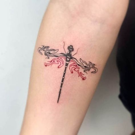 Small Detailed Tattoos Unique, Tattoos With Red And Black, Cool Minimal Tattoo, Dark Dragonfly Tattoo, Abstract Dragonfly Tattoo, Dragon Fly Spine Tattoo, Dragonfly Chest Tattoo, Red Dragonfly Tattoo, Places To Hide Tattoos