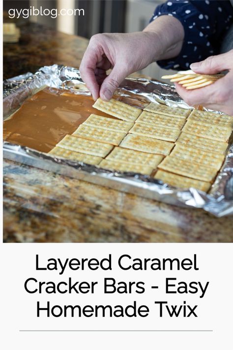 Layered Caramel Cracker Bars | Easy Layered Caramel Cracker Bars | Crack Candy | Homemade Twix | Peter's Caramel | Ways to Use Peters Caramel | Easy Caramel Dessert | Recipes Using Kraft Caramels, Caramel Crispix Recipe, Dipping Caramel, Candy Homemade, Homemade Twix Bars, Dipped Pretzel Rods, Caramel Dessert, Caramel Chocolate Bar, Caramel Treats