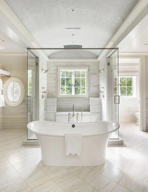 Liz Caan, White Bathroom Inspiration, Big Bathtub, Shower Design Ideas, Bathroom With Tub, Luxury Master Bathrooms, Neutral Bathroom, Walk In Shower Designs, Master Shower