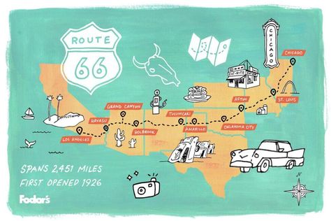 Road Trip Itinerary: Route 66 From Los Angeles to Chicago and Back Again Road Trip Map Aesthetic, Road Trip Map Illustration, Route 66 Aesthetic, Road Trip Graphic, Route 66 Map, Travel Nebraska, Road Trip Art, Route 66 Trip, Vintage Road Trip