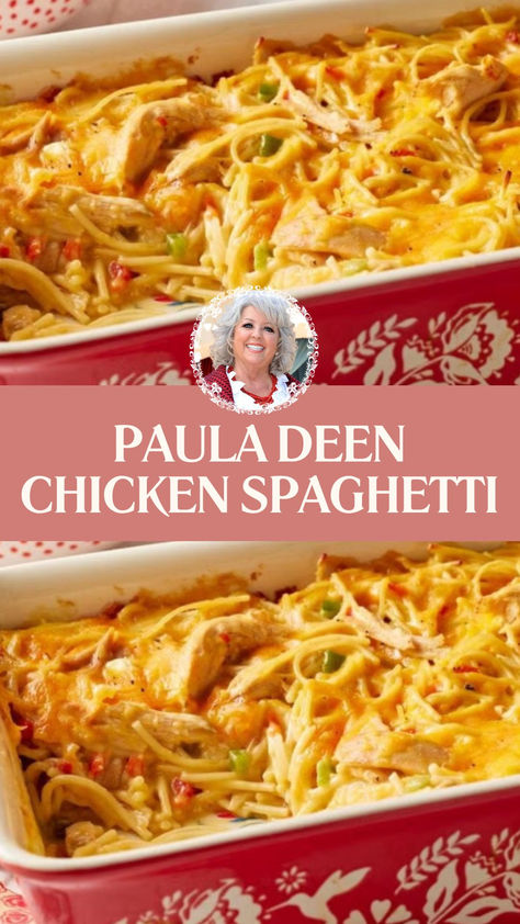 Paula Deen Chicken Spaghetti Campbell's Recipes Easy, Cheddar Chicken Spaghetti, Paula Deen Chicken Spaghetti, Paula Deen Baked Spaghetti, Paula Deen Crockpot Recipes, Chicken Spaghetti Recipe Velveeta, Paula Deen Chicken Casserole, Weeknight Dinner Ideas Families, Chicken Spaghetti Recipe With Velveeta