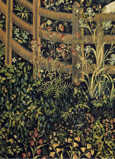 Tapestry no. 7: The Unicorn in captivity (detail: flowers) | New York City, Metropolitan Museum, The Cloisters The Unicorn Tapestries on “the hunt of the unicorn” Series of 7 Flemish tapestries from around 1500 CE Hunt Of The Unicorn, Unicorn In Captivity, Unicorn Tapestry, Unicorn Tapestries, Medieval Tapestry, Fantasy Wall Art, The Cloisters, Tapestry Art, Art Populaire