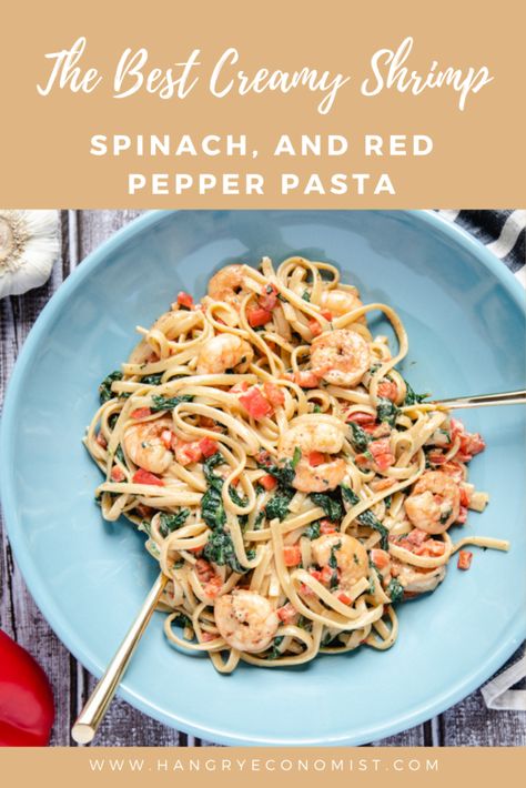 The Best Creamy Shrimp, Spinach, and Red Pepper Pasta Leftover Lobster, Shrimp Pasta Recipes Creamy, Shrimp Pasta Dishes, Shrimp Spinach, Low Salt Recipes, Salt Recipes, Red Pepper Pasta, Creamy Shrimp, Seafood Entrees