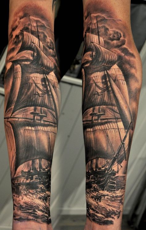 Black And Grey Pirate Ship Tattoo Design For Sleeve Pirate Sleeve Tattoo, Rib Tattoos For Women Quotes, Pirate Tattoo Sleeve, Pirate Sleeve, Viking Ship Tattoo, Ship Tattoo Sleeves, Pirate Ship Tattoos, Pirate Ship Tattoo, Ship Pirate